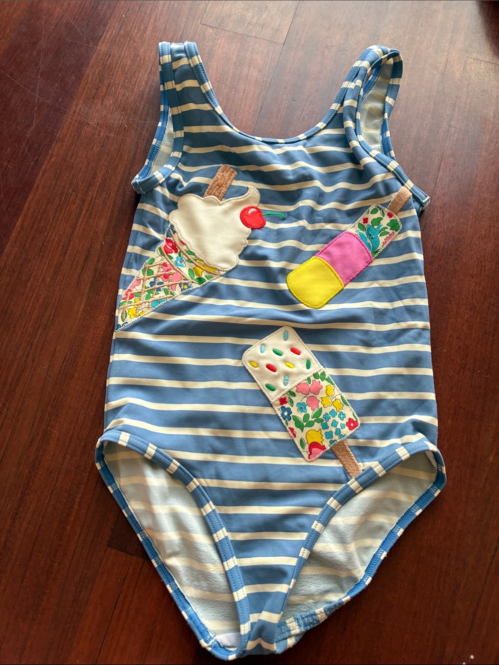 Mini Boden Blue and White Stripe One-Piece Swimsuit with Ice Cream Appliqués